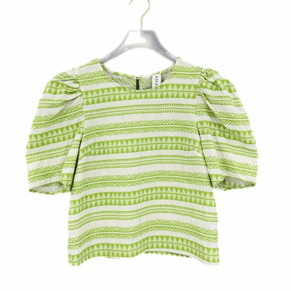 Anthropologie Amadi White Green Striped 100% Cotton Puff-Sleeve Casual Blouse